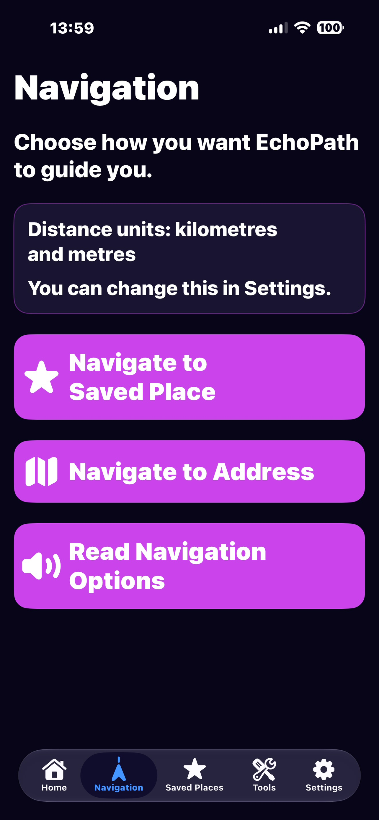 EchoPath navigation options screen showing ways to start guidance.